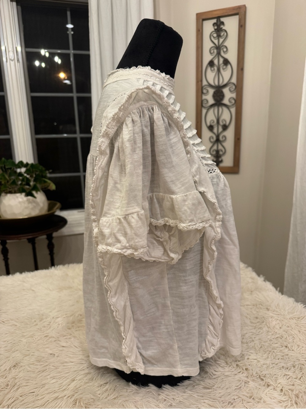 Free People "La Femme" White Lace-Trim Ruffle Blouse - Picture 2 of 10